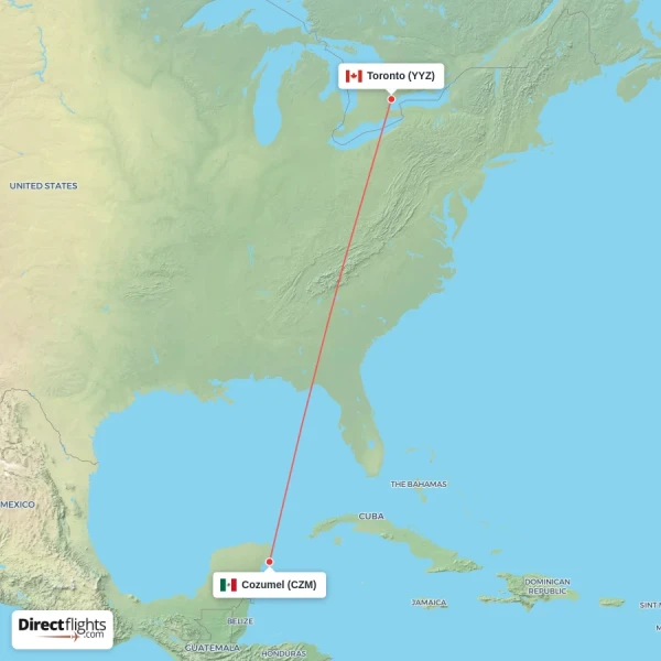 Cozumel - Toronto direct flight map