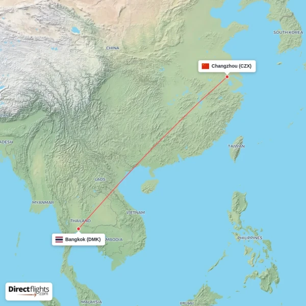 Changzhou - Bangkok direct flight map