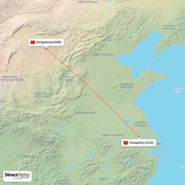 Changzhou - Dongsheng direct flight map