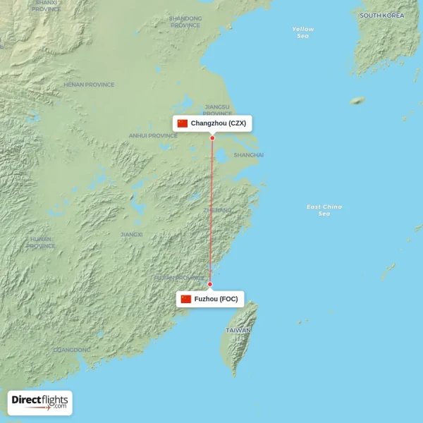Changzhou - Fuzhou direct flight map