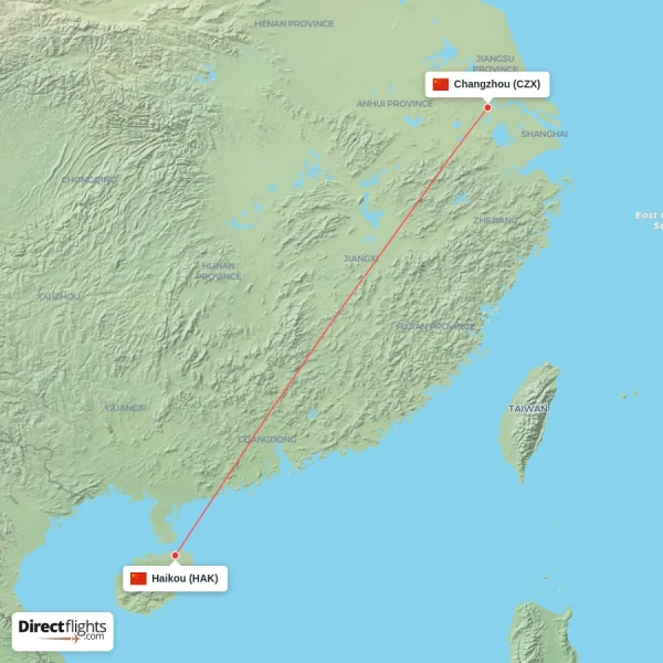 Changzhou - Haikou direct flight map