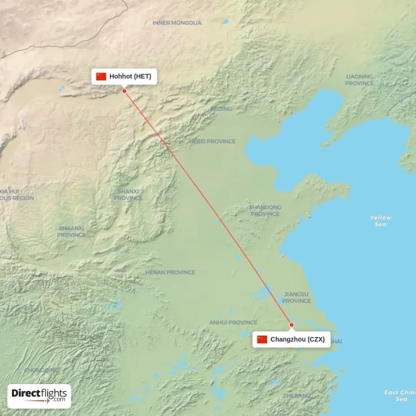 Changzhou - Hohhot direct flight map