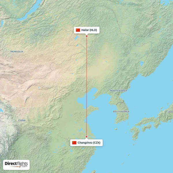 Changzhou - Hailar direct flight map