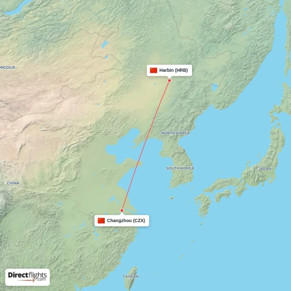 Changzhou - Harbin direct flight map