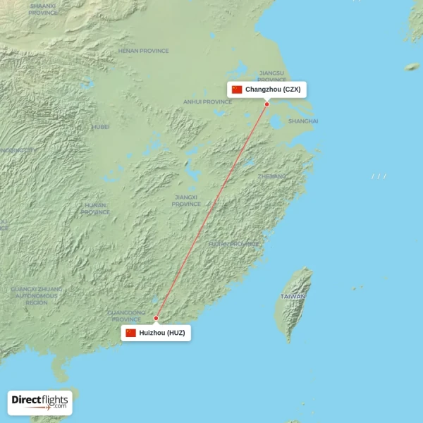Changzhou - Huizhou direct flight map
