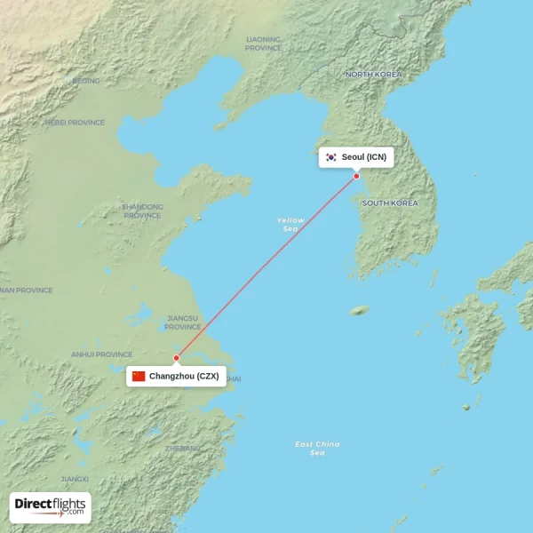 Changzhou - Seoul direct flight map