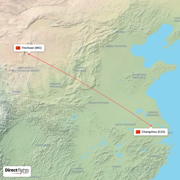 Changzhou - Yinchuan direct flight map