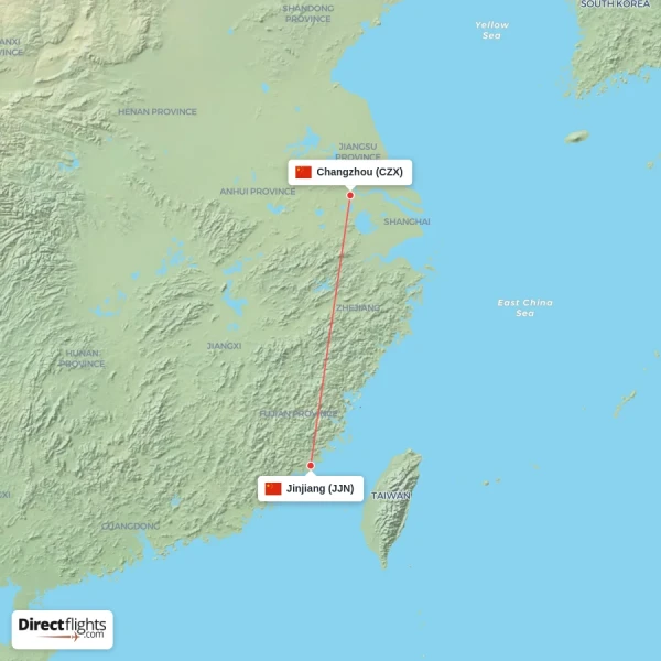 Changzhou - Jinjiang direct flight map