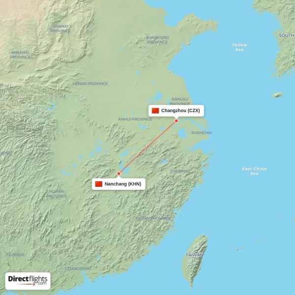 Changzhou - Nanchang direct flight map