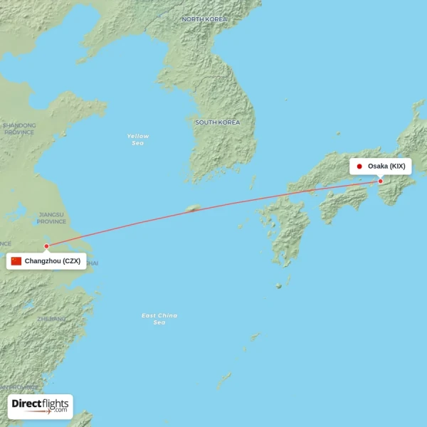 Changzhou - Osaka direct flight map