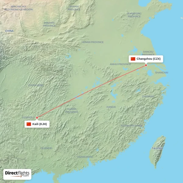 Changzhou - Kaili direct flight map