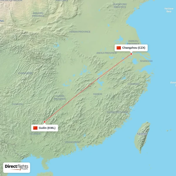 Changzhou - Guilin direct flight map