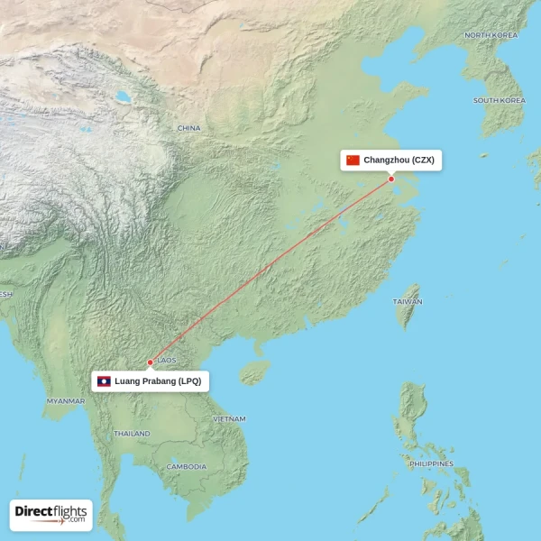 Changzhou - Luang Prabang direct flight map