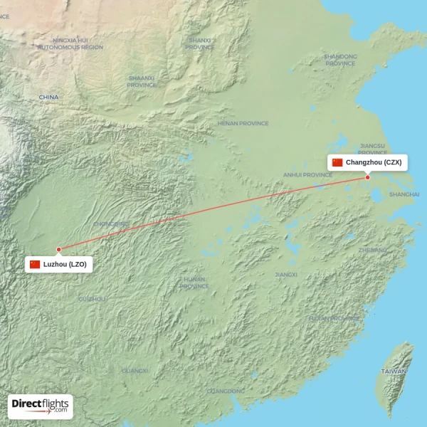 Changzhou - Luzhou direct flight map