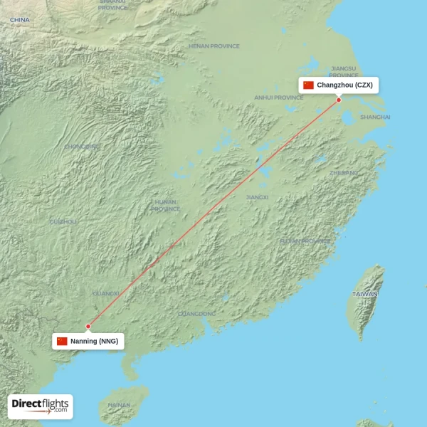 Changzhou - Nanning direct flight map