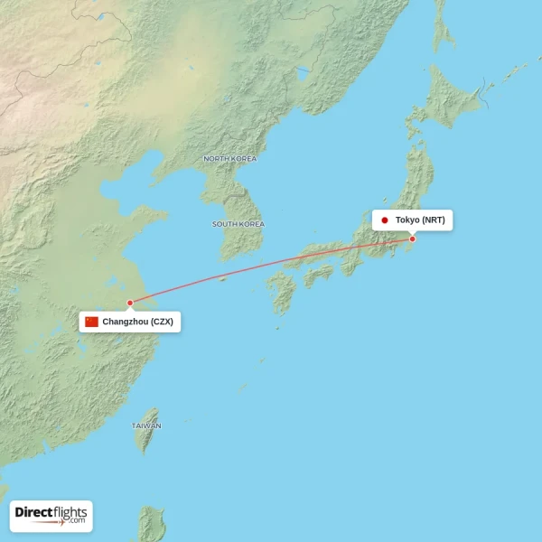 Changzhou - Tokyo direct flight map
