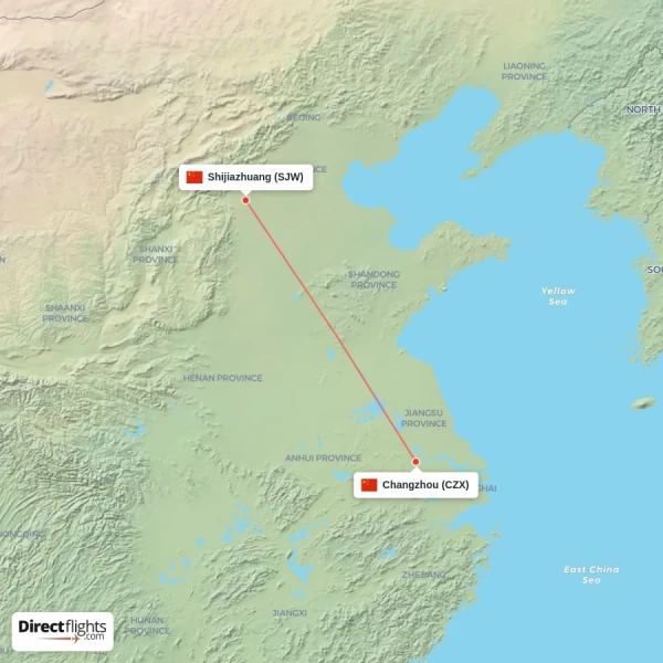 Changzhou - Shijiazhuang direct flight map