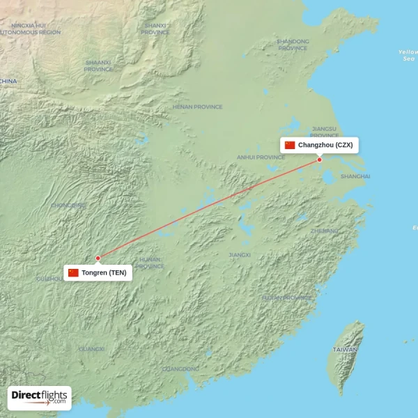 Changzhou - Tongren direct flight map