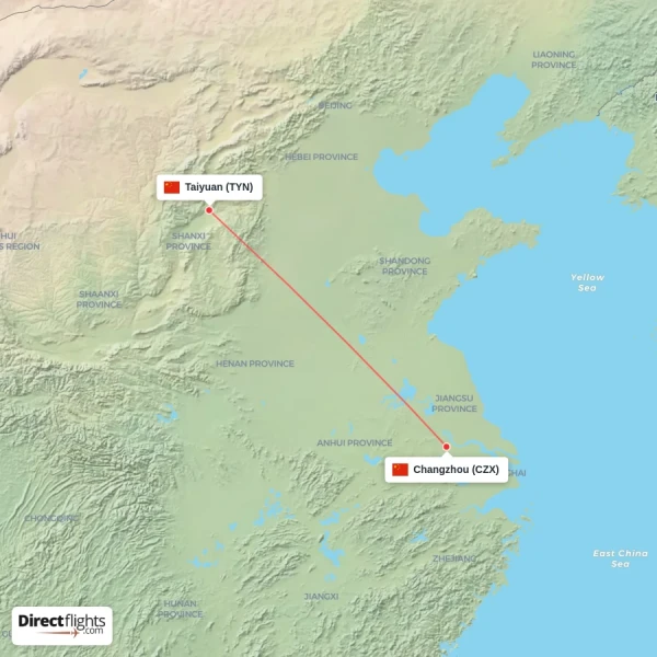 Changzhou - Taiyuan direct flight map
