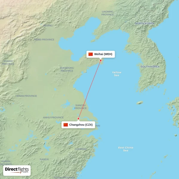 Changzhou - Weihai direct flight map