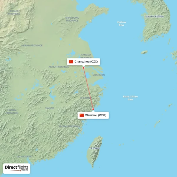 Changzhou - Wenzhou direct flight map