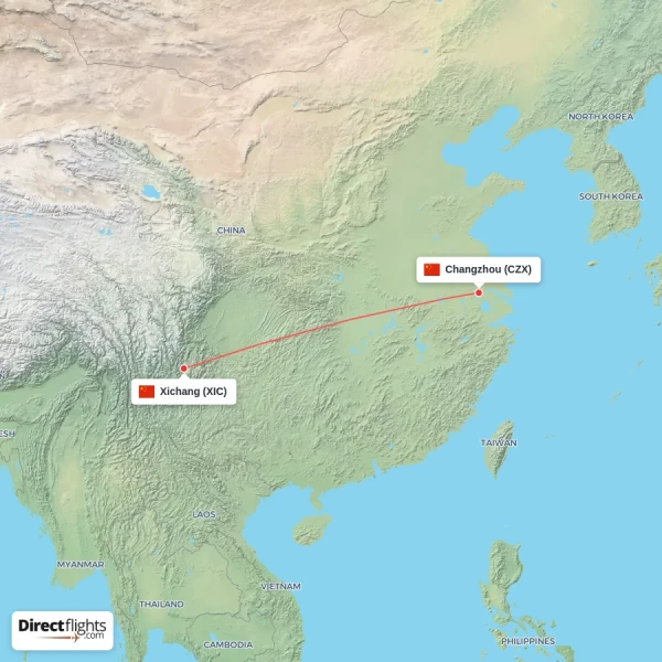 Changzhou - Xichang direct flight map