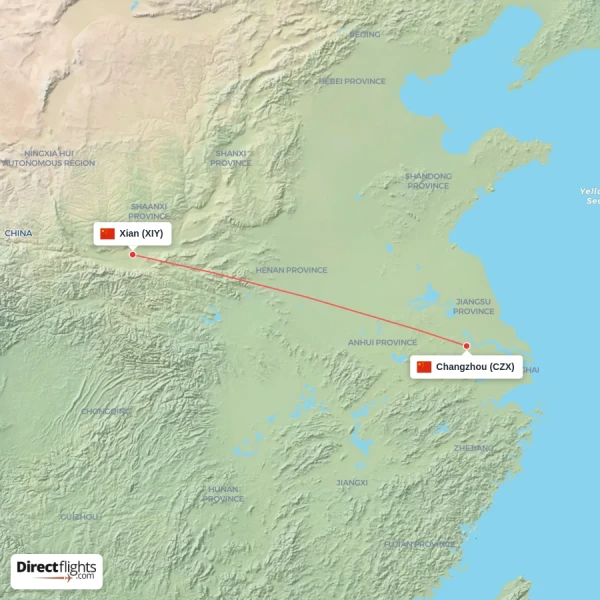 Changzhou - Xian direct flight map