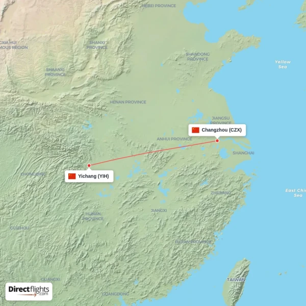 Changzhou - Yichang direct flight map