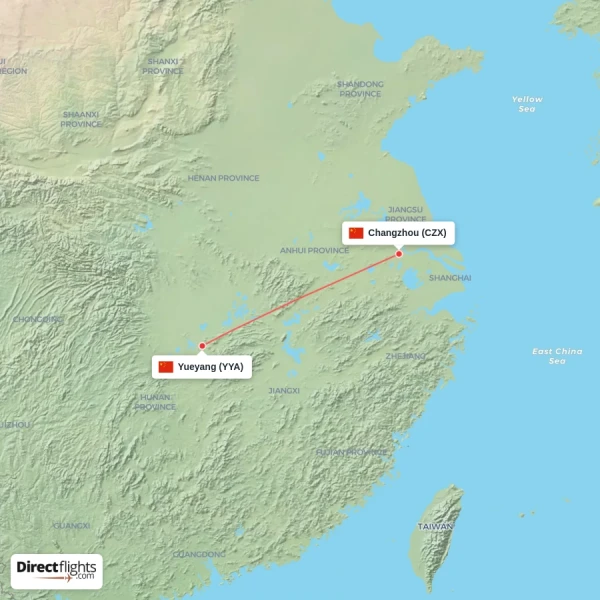 Changzhou - Yueyang direct flight map