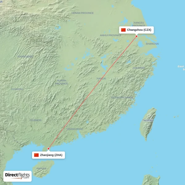 Changzhou - Zhanjiang direct flight map