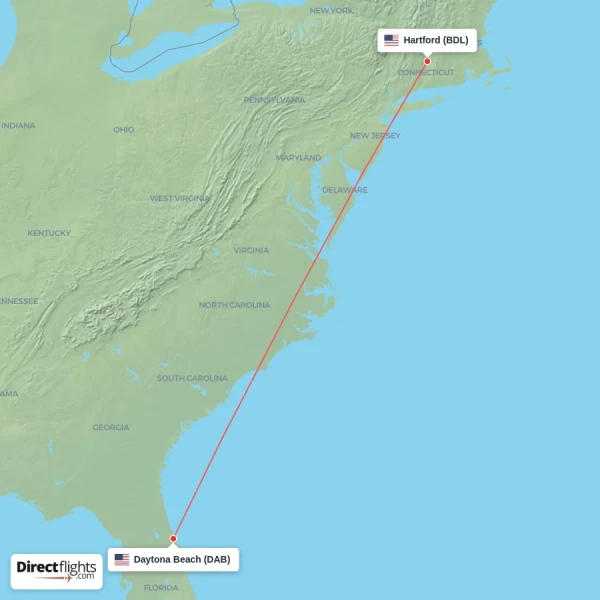 Daytona Beach - Hartford direct flight map