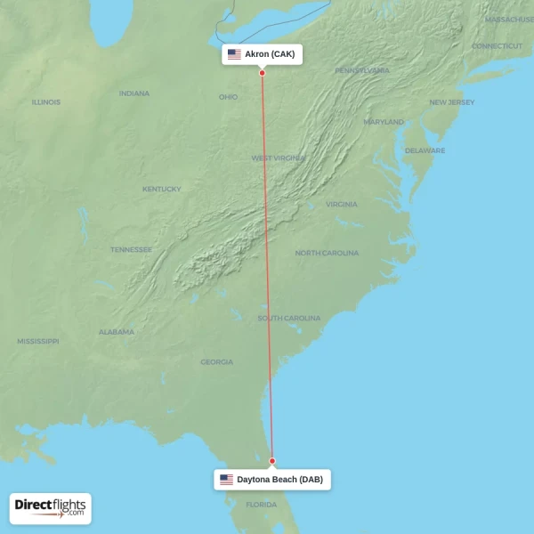 Daytona Beach - Akron direct flight map