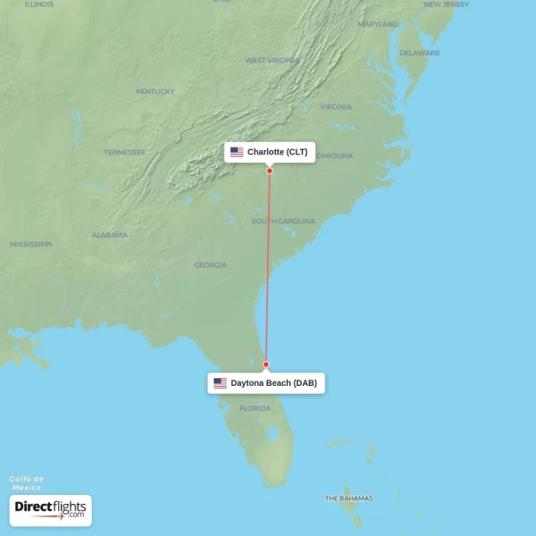 Daytona Beach - Charlotte direct flight map
