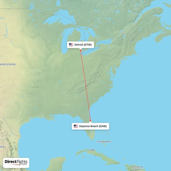 Daytona Beach - Detroit direct flight map