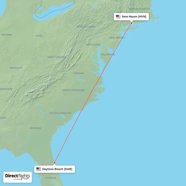 Daytona Beach - New Haven direct flight map
