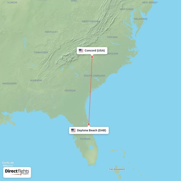 Daytona Beach - Concord direct flight map