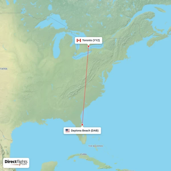 Daytona Beach - Toronto direct flight map