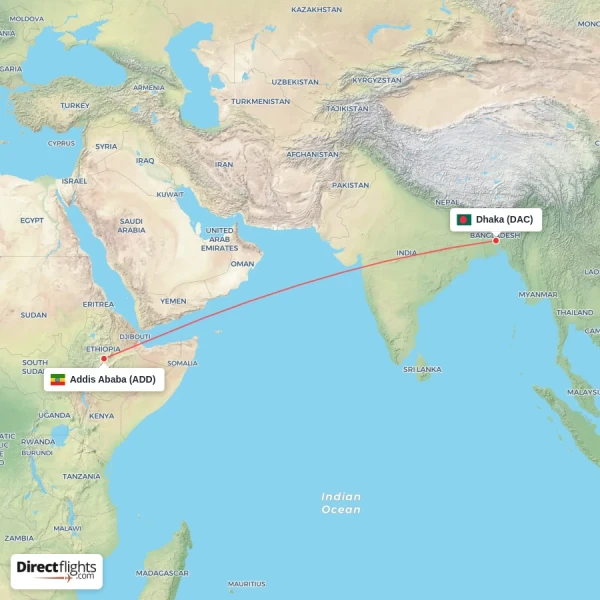 Dhaka - Addis Ababa direct flight map