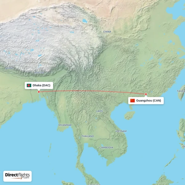 Dhaka - Guangzhou direct flight map