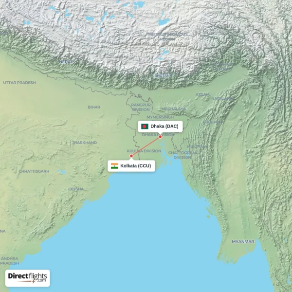 Dhaka - Kolkata direct flight map