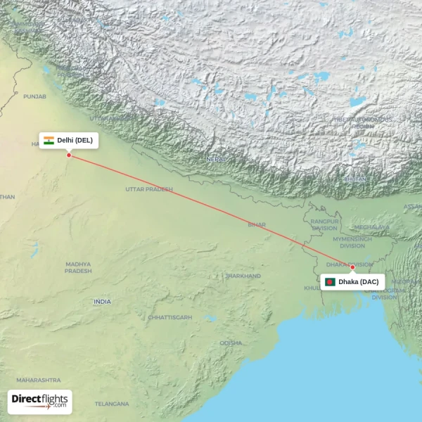 Dhaka - Delhi direct flight map