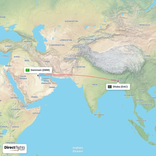 Dhaka - Dammam direct flight map