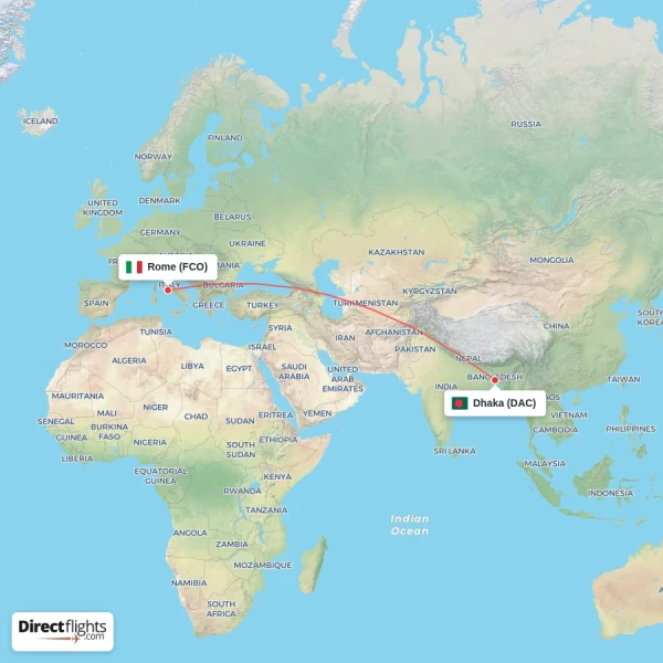 Dhaka - Rome direct flight map