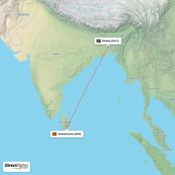 Dhaka - Hambantota direct flight map