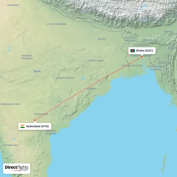 Dhaka - Hyderabad direct flight map