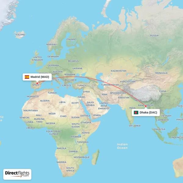 Dhaka - Madrid direct flight map