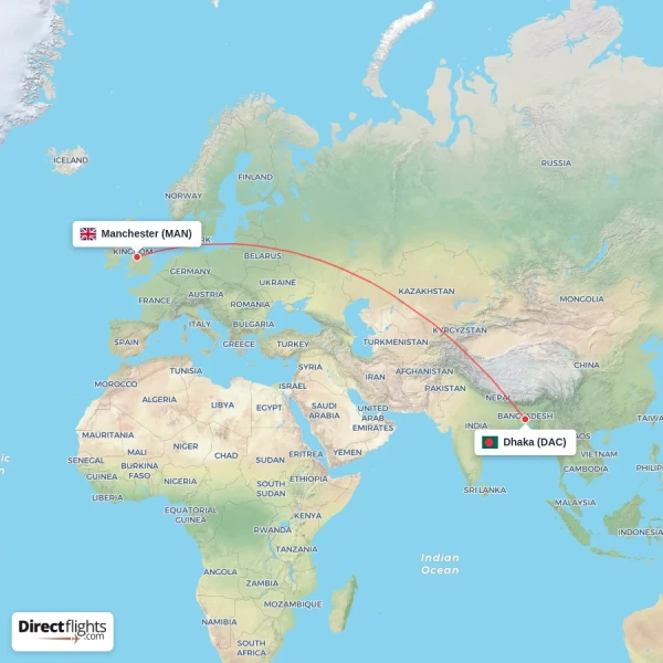 Dhaka - Manchester direct flight map