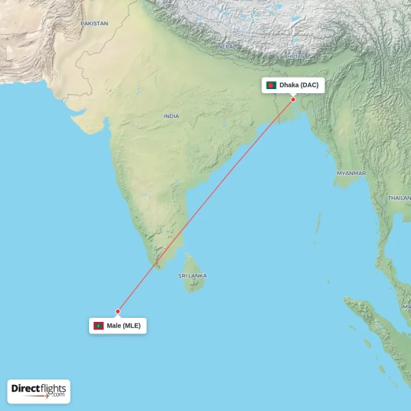 Dhaka - Male direct flight map