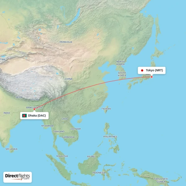 Dhaka - Tokyo direct flight map