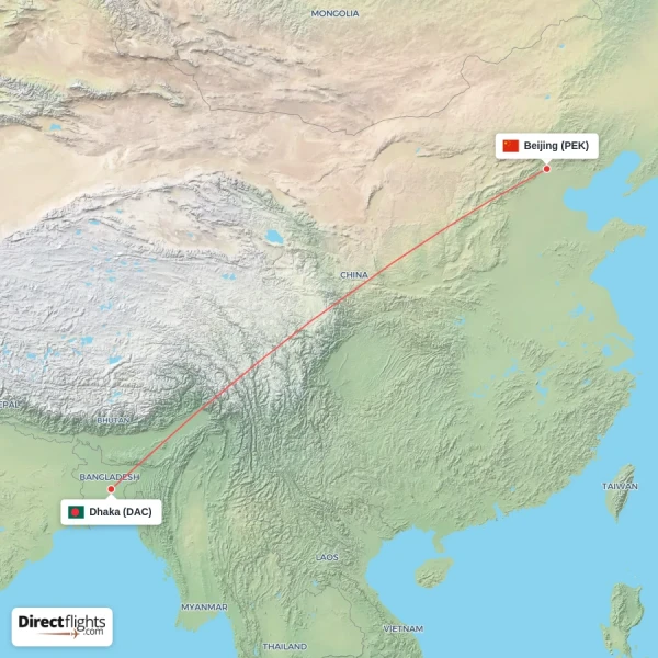 Dhaka - Beijing direct flight map